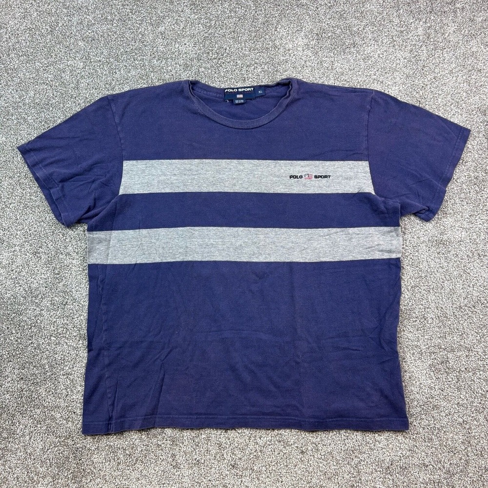 Vintage Polo Sport Shirt Mens XL Navy Blue Gray Striped Ralph Lauren Embroidered